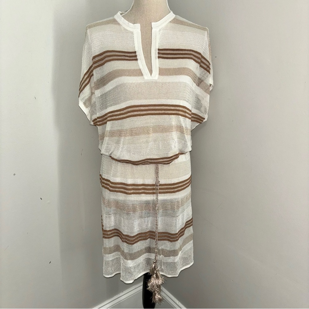 Chico’s NEW neutral open weave sheer swim coverup tunic top w/ belt size 3 XL 16